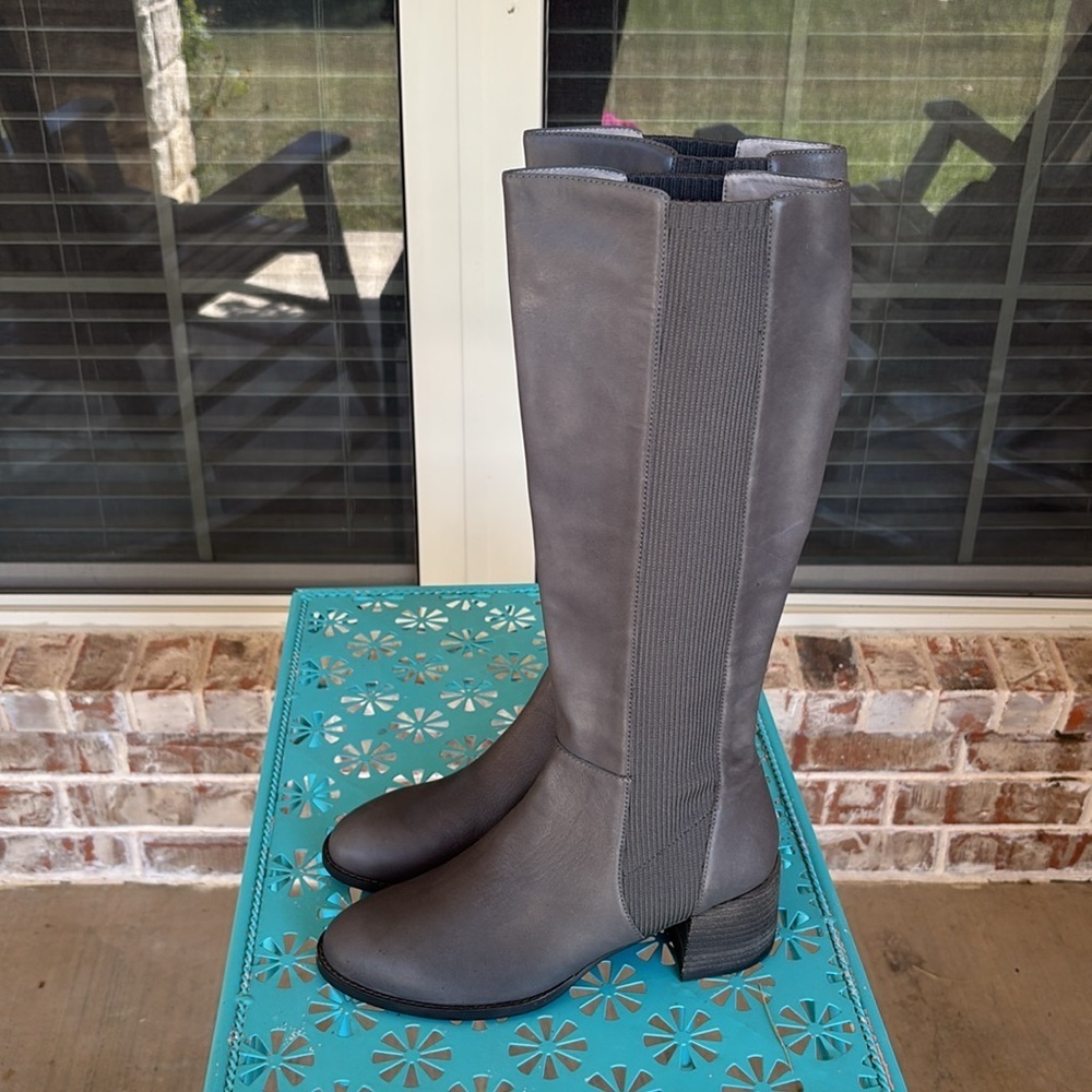 Eileen Fisher Destry Tall Stretch Insert Gray Leather Knee Boots